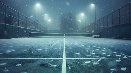 Wall Mural - a tennis court is covered in snow and the lights are on