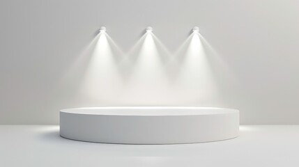 Wall Mural - a white cylindrical podium with three spotlights shining down on it, creating a dramatic and minimal