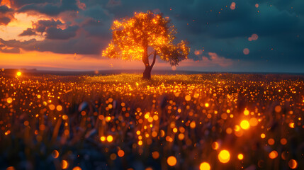 Wall Mural - a tree with lights on it in a field