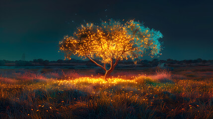 Wall Mural - a tree with lights on it in a field