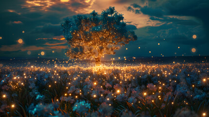 Wall Mural - A tree with lights on it in a field