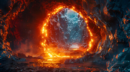 Canvas Print - A lava tube with a glowing red opening