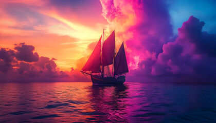 Wall Mural - A ship is sailing in the ocean with a bright purple and pink color scheme