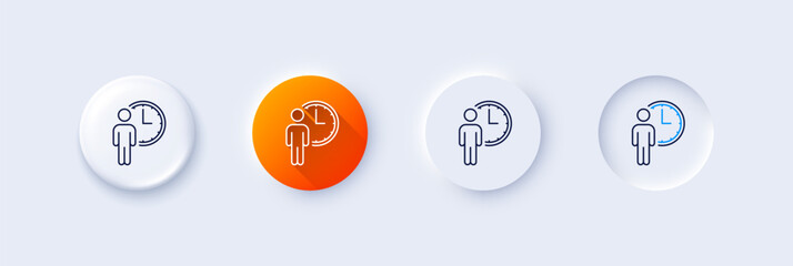 Poster - person waiting line icon. neumorphic, orange gradient, 3d pin buttons. service time sign. clock symb