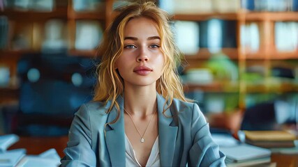 Poster - Portrait of a young businesswoman sitting at the table in office