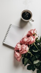 Canvas Print - A cup of coffee and a notebook with some roses, AI