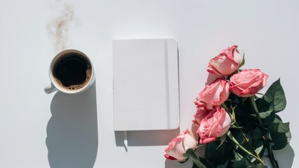 Poster - A cup of coffee and a notebook on top of some roses, AI