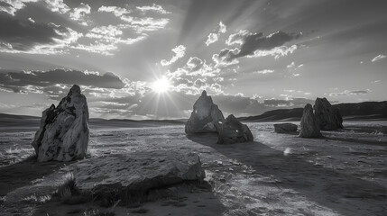 Wall Mural - A large rock sits in the middle of a field