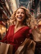 © Ruslan Batiuk - Shopping delight - happy woman holding soft shopping bags, essence of the shopping concept and the satisfaction and joy that comes with finding great deals and favorite items.