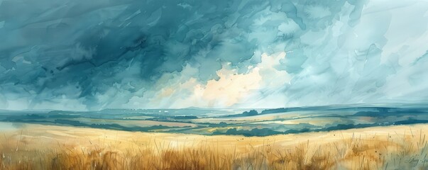 Wall Mural - Abstract stormy clouds over a rolling landscape in watercolor.