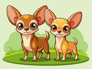 vector of two tiny Chihuahua with a smooth, tan coat, standing with its big ears perked up. The dog’s large, round eyes and slightly trembling stance give it, green field background