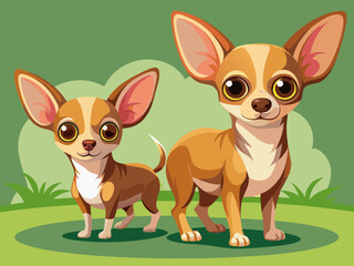 Wall Mural - vector of two tiny Chihuahua with a smooth, tan coat, standing with its big ears perked up. The dog’s large, round eyes and slightly trembling stance give it, green field background