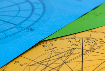 Wall Mural - Printed colorful astrology charts, Sun and Venus in Cancer, Mercury and Jupiter in Leo, detail