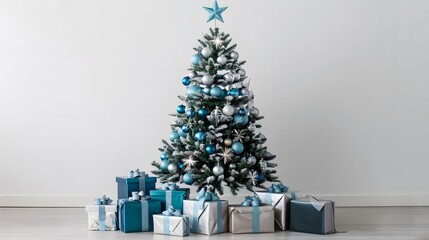 blue and silver decorated christmas tree with presents