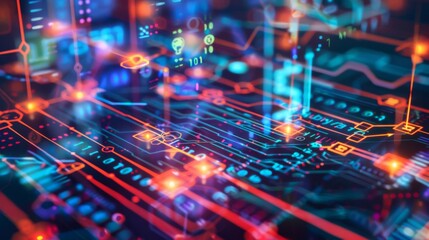 Poster - A dynamic representation of fintech with digital graphs, currency symbols, and circuit patterns, illustrating modern financial technology.