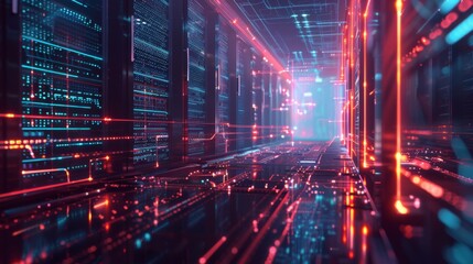 Poster - a futuristic data center with glowing server racks and flowing data streams, symbolizing the core of