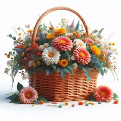 Wall Mural - Multicolored flowers in a wicker basket. Illustration.