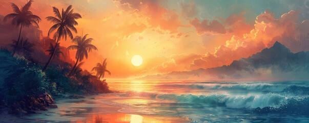 Wall Mural - A beautiful sunset over the ocean with palm trees in the background