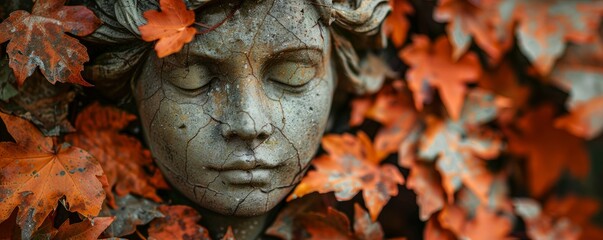 Wall Mural - Autumn leaves on a garden statue