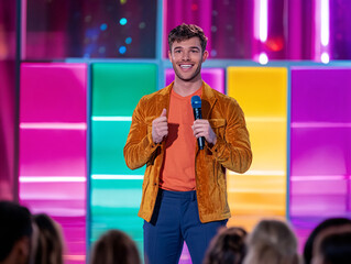 Young Male Game Show Host Engaging Live Audience with Bright and Colorful Background