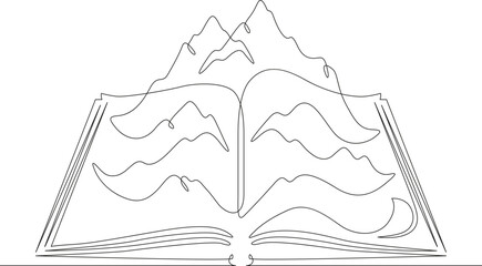 Wall Mural - An open book. A high mountain grows out of a book. A landscape comes to life on the pages of a book.One continuous line. Line art. Minimum one line. White background. One line drawing.