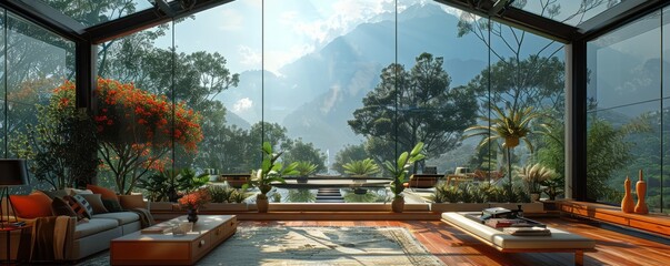 Wall Mural - Glasshouse with a scenic mountain view.