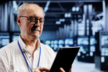 Poster - elderly manager inspects operational server racks in computer network security data center, ensuring