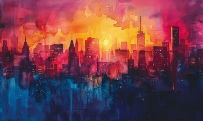 Wall Mural - Abstract cityscape in twilight watercolor with soft brushes.