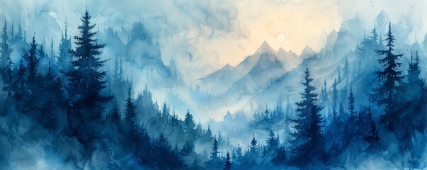 Wall Mural - Watercolor abstract foggy forest with tall pines.