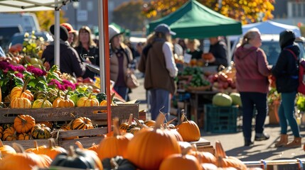 Autumn harvest festival at a local farmers market with vibrant pumpkins and shoppers enjoying the season