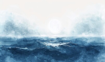 Wall Mural - Watercolor abstract moonlit ocean on white.