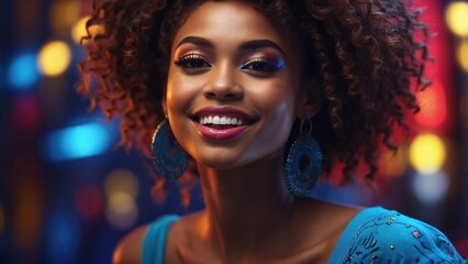 Smiling African American woman in colorful attire enjoying a vibrant urban environment at dusk