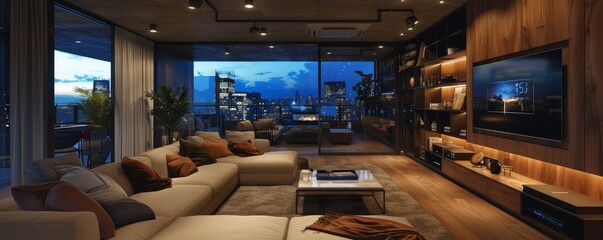 Wall Mural - High-tech urban apartment with integrated systems.