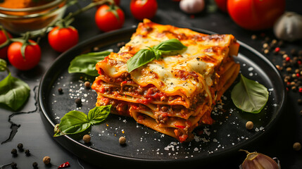 Poster - a delicious-looking lasagna on a black plate. The lasagna has layers of pasta, meat sauce, and melted cheese on top, garnished with fresh basil leaves