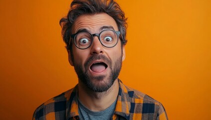 expressive portrait of perplexed man against vibrant orange backdrop dynamic composition highlighting facial features and emotions with bold color contrast