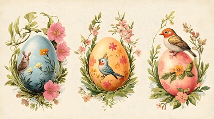 Wall Mural - Set of vintage antique style Happy Easter holiday greeting cards, ephemera Easter eggs with cute birds, bunnies and flowers Set of vintage antique style Happy Easter holiday greeting cards, ephemera E