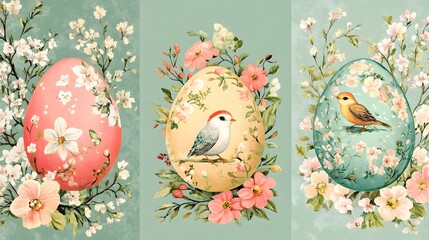 Wall Mural - Set of vintage antique style Happy Easter holiday greeting cards, ephemera Easter eggs with cute birds, bunnies and flowers Set of vintage antique style Happy Easter holiday greeting cards, ephemera E