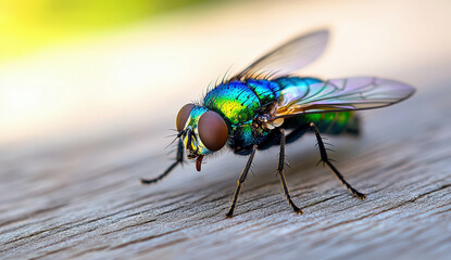 \Ggreen fly with blue and yellow wings, perched on the edge of a wooden surface