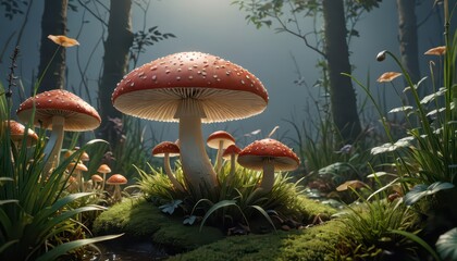 Poster - Red and White Mushrooms in a Forest Clearing.