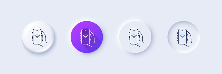 Sticker - Internet app line icon. Neumorphic, Purple gradient, 3d pin buttons. Hand hold phone sign. Cellphone with screen notification symbol. Line icons. Neumorphic buttons with outline signs. Vector