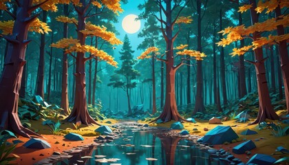 Sticker - Enchanting Moonlight Forest Stream.