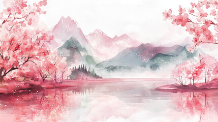 Wall Mural - Watercolor pink cherry blossom landscape illustration with a beautiful lake and mountain background in pastel colors. The scene depicts cherry blossom trees in bloom