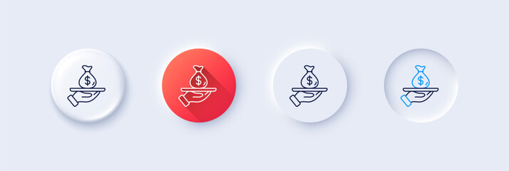 Wall Mural - Loan line icon. Neumorphic, Red gradient, 3d pin buttons. Business mortgage sign. Money bag on plate symbol. Line icons. Neumorphic buttons with outline signs. Vector