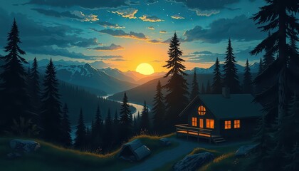 Wall Mural - Cabin in the Woods at Sunset.