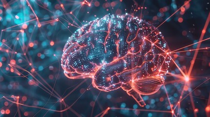 Poster - A glowing, digital representation of a brain, with thin lines extending out.