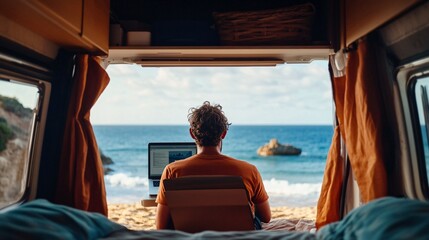 Wall Mural - Man Working on Laptop Inside Van with Ocean View