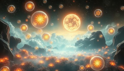 Sticker - Mystical Landscape with Glowing Orbs and Flowers.