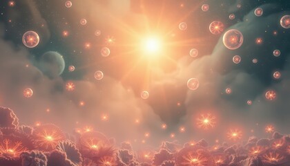 Poster - Abstract Dreamy Sunset Landscape with Floating Bubbles.