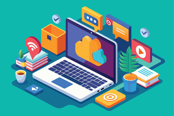Poster - Isometric depiction of a laptop with various cloud computing icons, representing modern technology and online services.