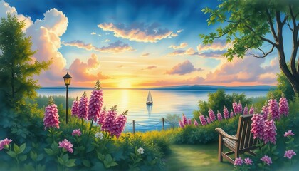 Poster - Serene Sunset Landscape with Sailboat.